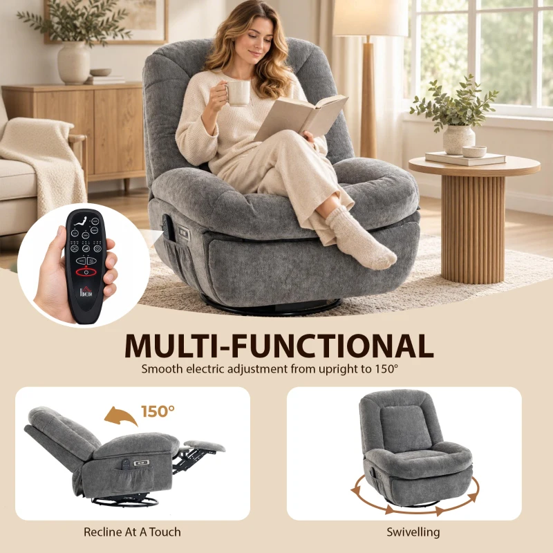 HOMCOM Oversized Power Recliner Chair with Massage and Heat, USB Port, Overstuffed Chenille Swivel Rocker Recliner, Gray