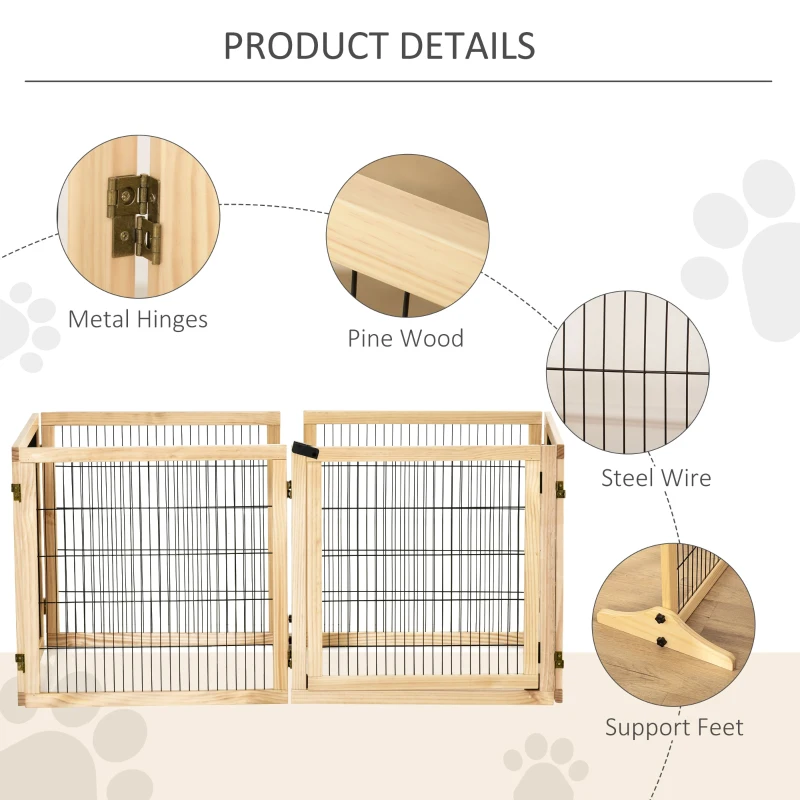 PawHut Wooden Pet Gate, 6-Panel with Folding Design and Freestanding Support Feet, Natural
