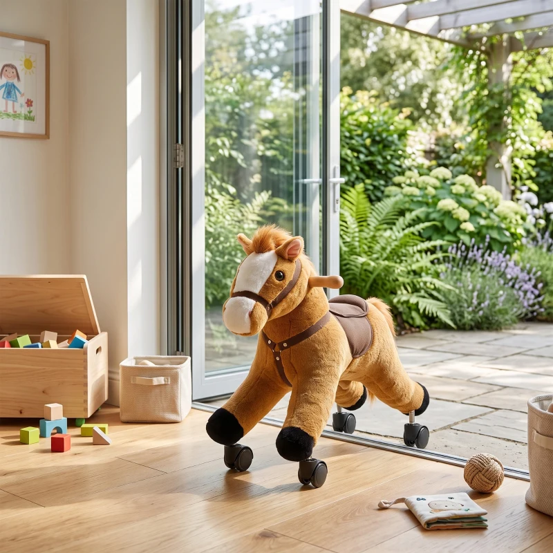 Qaba Ride on Horse, Ride on Toy with Wheels, Plush Animal Toys to Develop Balance & Coordination for Toddlers 18-36 M, Brown