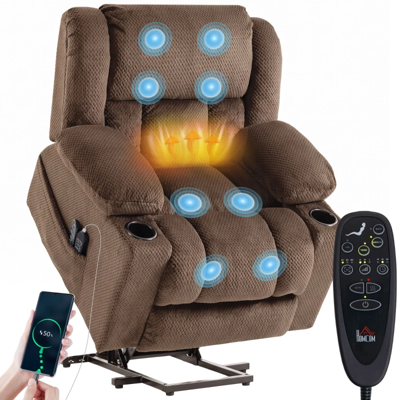 HOMCOM Dual Motor Power Lift Recliner Chair with Massage and Heat for Elderly, 180° Flat Recline, Wide Seat, Dark Brown