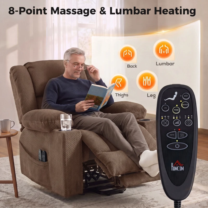 HOMCOM Dual Motor Power Lift Recliner Chair with Massage and Heat for Elderly, 180° Flat Recline, Wide Seat, Dark Brown