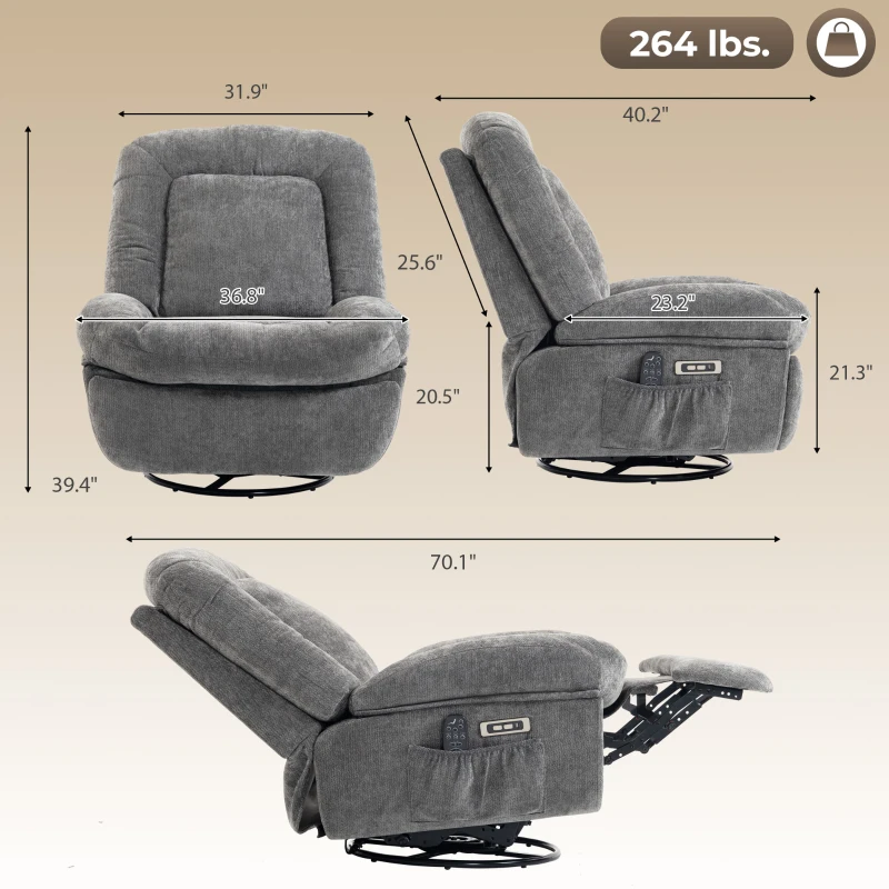 HOMCOM Oversized Power Recliner Chair with Massage and Heat, USB Port, Overstuffed Chenille Swivel Rocker Recliner, Gray
