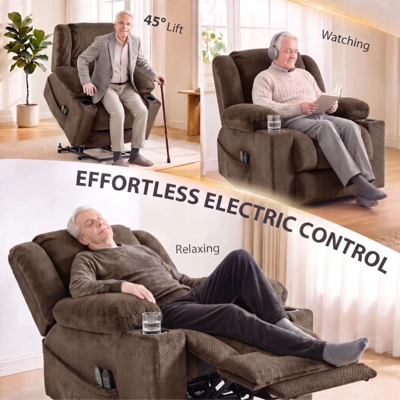HOMCOM Dual Motor Power Lift Recliner Chair with Massage and Heat for Elderly, 180° Flat Recline, Wide Seat, Dark Brown