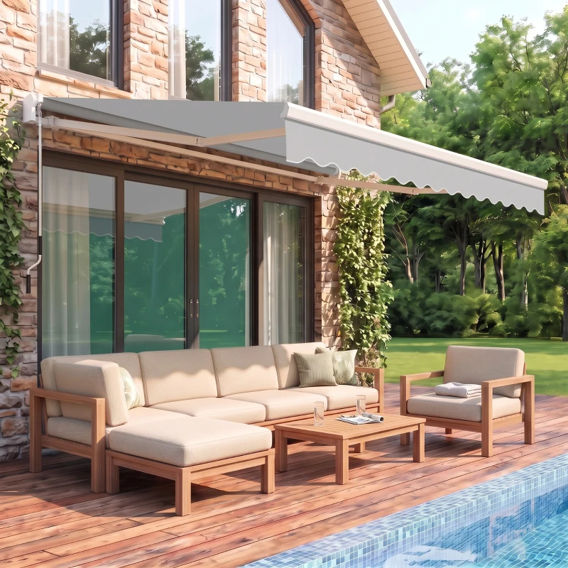 Outsunny 12' x 8' Retractable Awning Patio Awnings Sun Shade Shelter with Manual Crank Handle, 280g/m² UV & Water-Resistant Fabric and Aluminum Frame for Deck, Balcony, Yard, Light gray