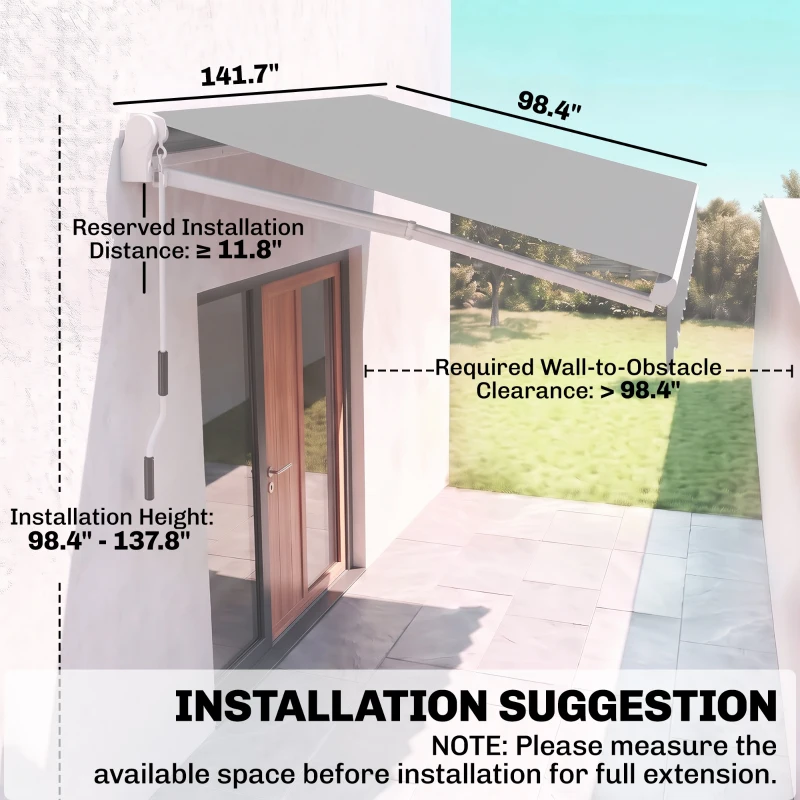 Outsunny 12' x 8' Retractable Awning Patio Awnings Sun Shade Shelter with Manual Crank Handle, 280g/m² UV & Water-Resistant Fabric and Aluminum Frame for Deck, Balcony, Yard, Light gray