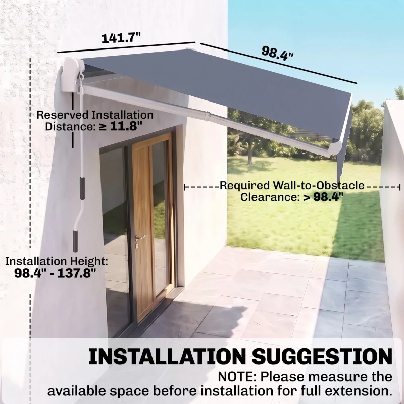 Outsunny 12' x 8' Patio Awning, Canopy Retractable Sun Shade Shelter w/ Manual Crank Handle for Deck, Yard, Dark Gray