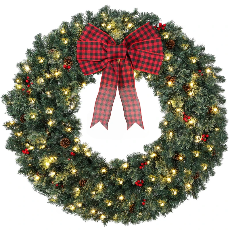 HOMCOM 48" Prelit Crestwood Spruce Artificial Christmas Wreath, Christmas Decor with Bow, 8 Modes, Red Berries, Pinecones