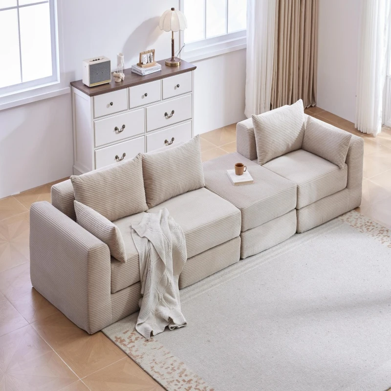 Cozy Modular Sectional with L-Shape and 5 Pillows, Chic Versatile Couch with Soft Corduroy and No Assembly, 100'' L x 35" W x 24" H, Camel