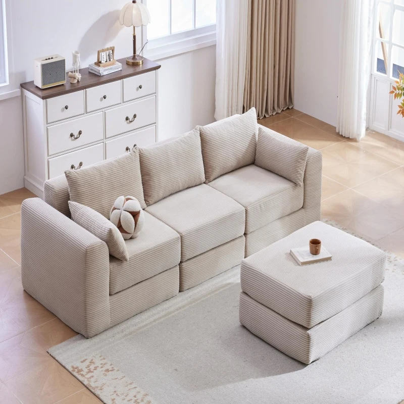 Cozy Modular Sectional with L-Shape and 5 Pillows, Chic Versatile Couch with Soft Corduroy and No Assembly, 100'' L x 35" W x 24" H, Camel