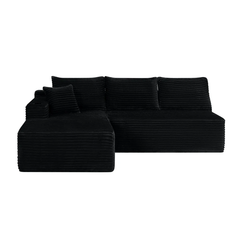 Luxurious Corduroy Sectional Sofa with L-Shaped Chaise and Cup Holder, Cozy Couch for Living Room and Bedroom, 96'' L x 66" W x 33" H, Black