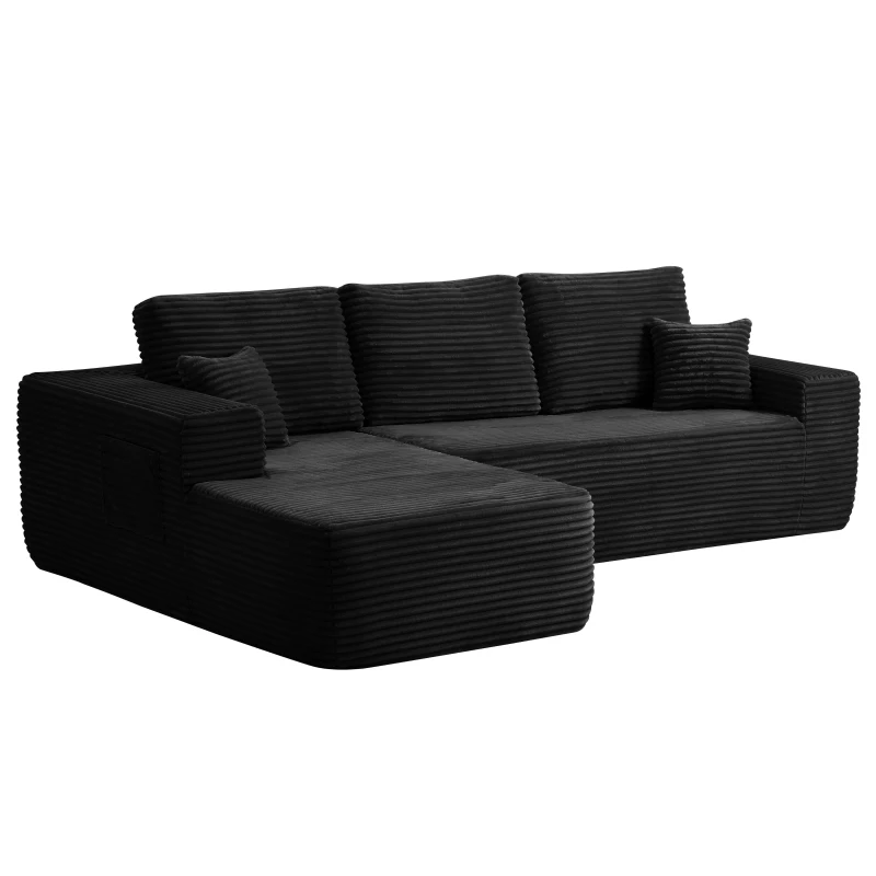 Airy Fabric Sofa with L-Shaped Chaise and Side Pockets, Timeless Couch for Living Room and Bedroom, 104'' L x 67" W x 32.5" H, Black Left