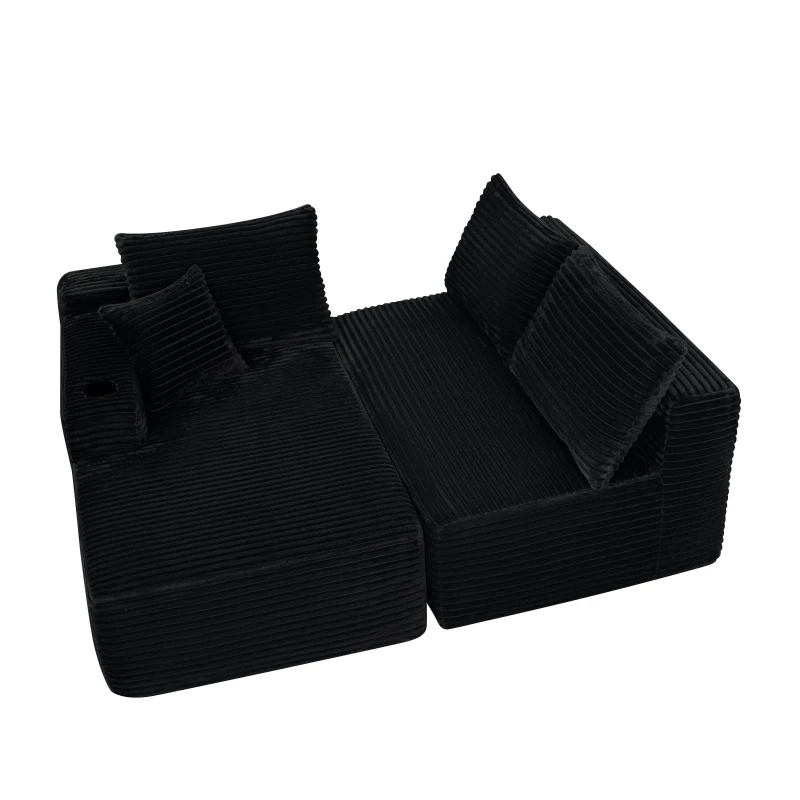 Luxurious Corduroy Sectional Sofa with L-Shaped Chaise and Cup Holder, Cozy Couch for Living Room and Bedroom, 96'' L x 66" W x 33" H, Black