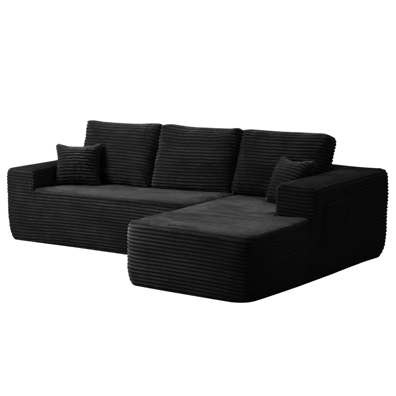Dreamy Fabric Sofa with L-Shaped Chaise and Side Pockets, Smart Couch for Living Room and Bedroom, 104'' L x 67" W x 32.5" H, Black Right
