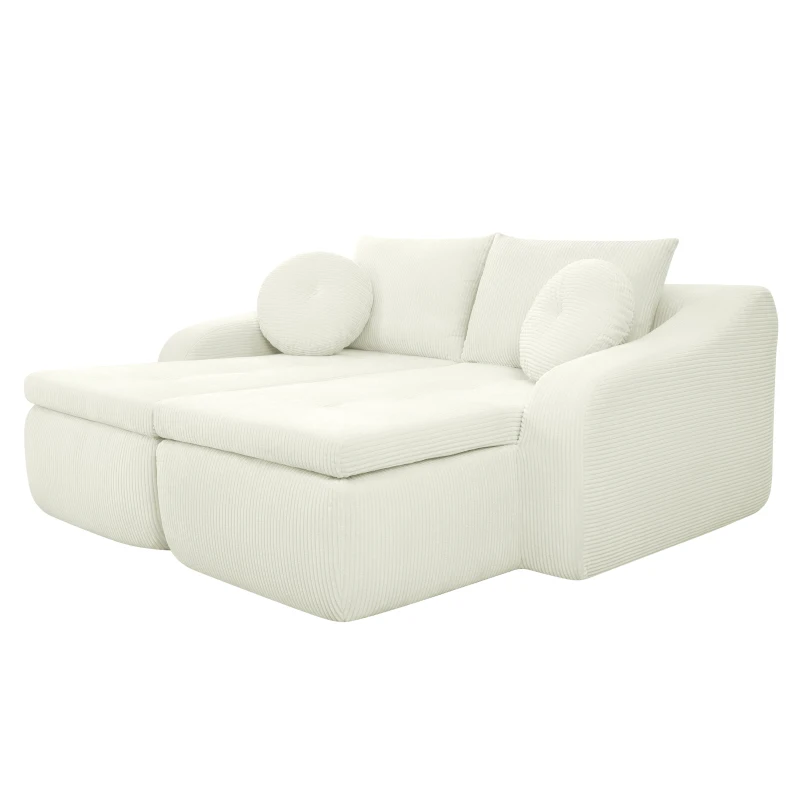 Cozy 2-Piece Chaise Lounge Set with Left and Right Design, Modern Corduroy Lounge Chair with Spring Padding, 66'' L x 76" W x 23" H, White