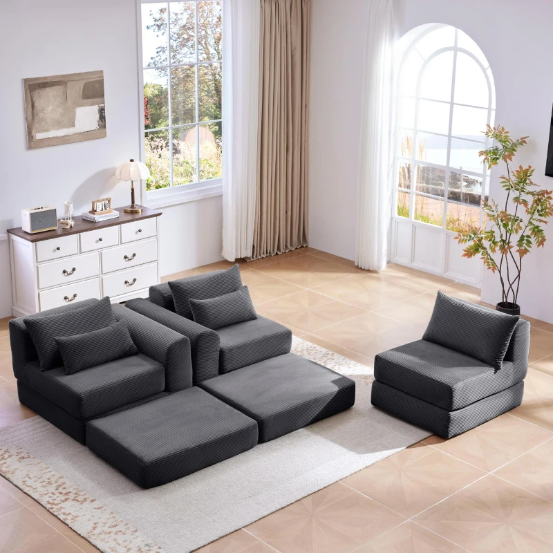 Snuggly Corduroy Sectional Sofa with 5 Pillows and Modular Design, Friendly Couch for Living Room and Bedroom, 100'' L x 35" W x 24" H, Grey