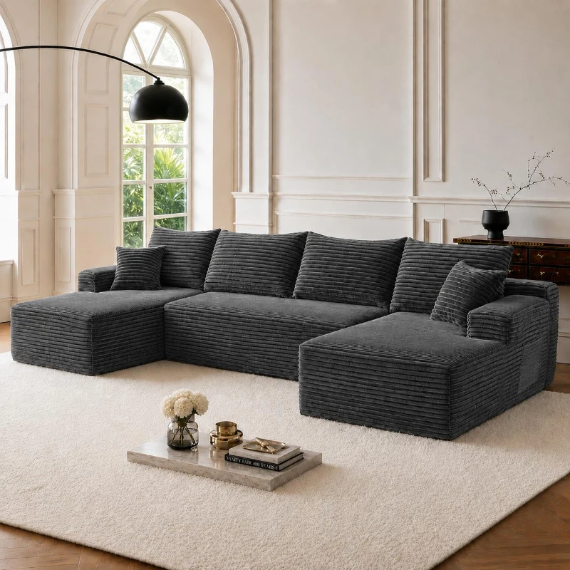 Modern Cloud Sectional with U-Shape Chaise and Side Pockets, Modular Sofa with Deep Seat and No Assembly, 133.5'' L x 66" W x 26" H, Grey