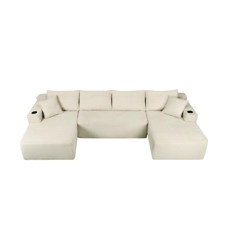 Neutral Fabric Sectional Sofa with U-Shaped Chaise and Side Pockets, Mellow Couch for Living Room and Bedroom, 126'' L x 66" W x 26" H, Beige