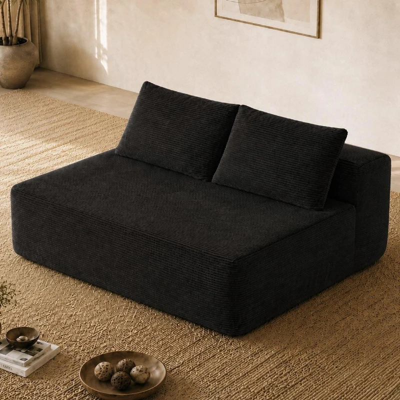 Hearty Corduroy Sectional Sofa with Double Chaise and Deep Seat, Stalwart Couch for Living Room and Apartment, 57'' L x 35" W x 24" H, Black
