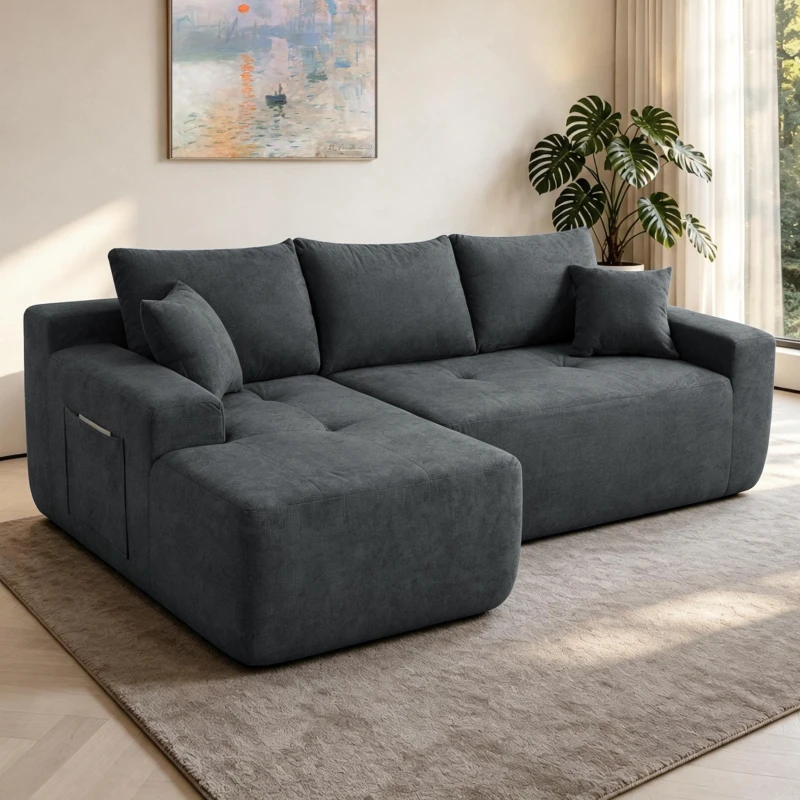 Modern Cloud Sectional with L-Shape Chaise and Deep Seat, Modular Sofa with Cotton-Linen Fabric and No Assembly, 85'' L x 53" W x 24" H, Grey