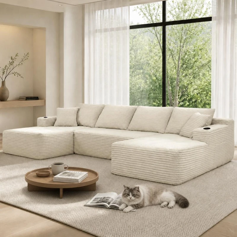 Tender Fabric Sectional Sofa with U-Shaped Chaise and Side Pockets, Pliable Couch for Living Room and Bedroom, 126'' L x 66" W x 26" H, Beige