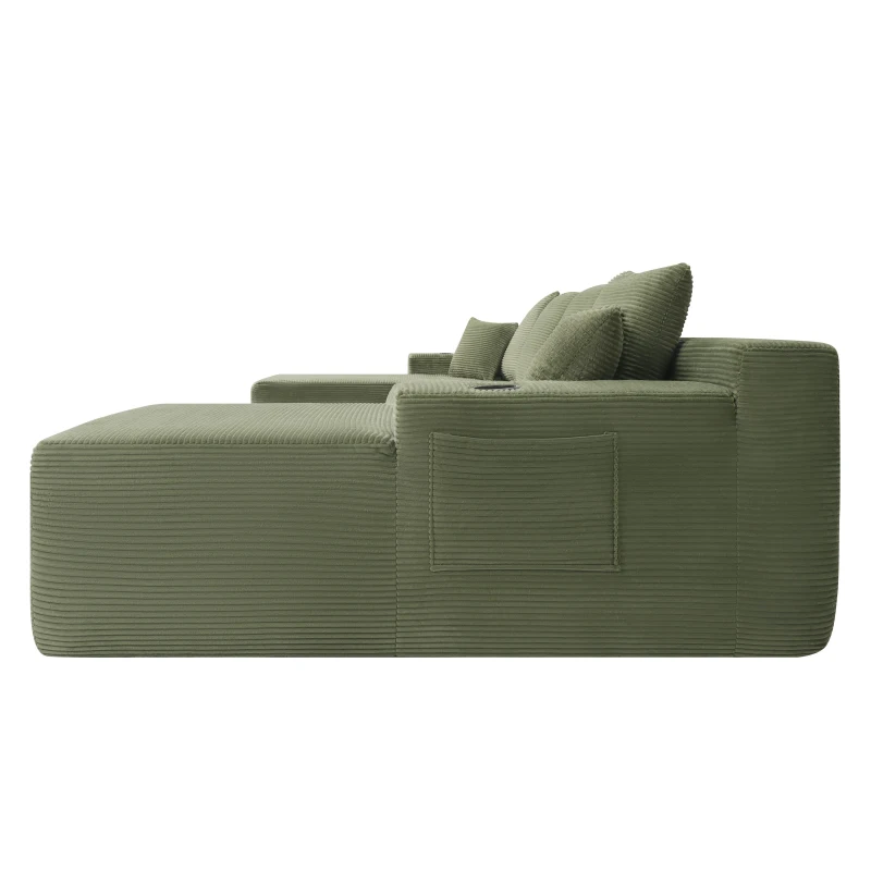 Modern Sectional with U-Shape Chaise and Cup Holder, Cozy Modular Sofa with Side Pockets and No Assembly, 126'' L x 66" W x 26" H, Green
