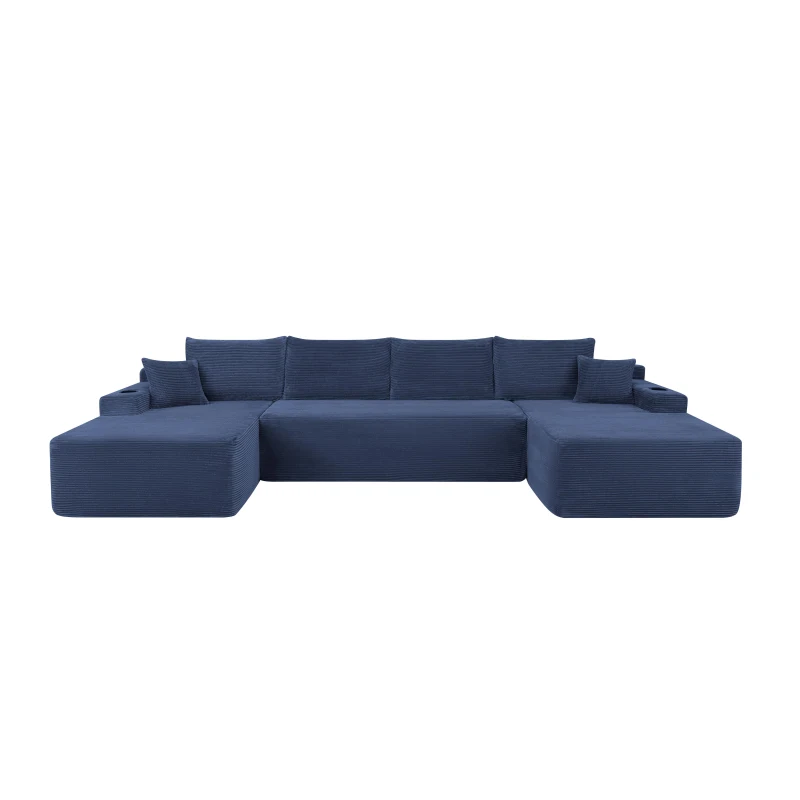 Vibrant Corduroy Sofa with U-Shaped Double Chaise and Side Pockets, Breezy Couch for Living Room and Bedroom, 126'' L x 66" W x 26" H, Blue