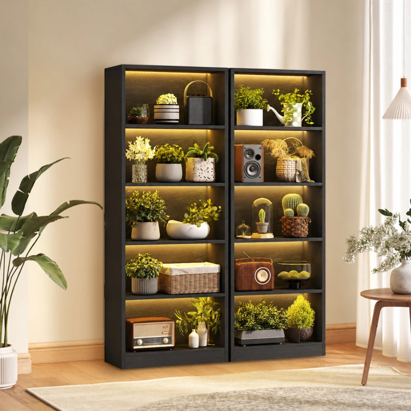 HOMCOM Bookshelf with LED Lights, 5-Tier Bookcase, Cable Holes, for Living Room, Study, Black Wood Grain
