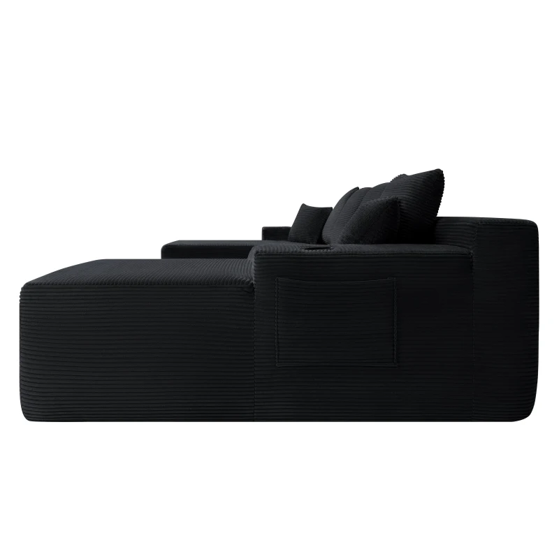 Ample Corduroy Sofa with U-Shaped Double Chaise and Pockets, Inviting Couch for Living Room and Bedroom, 126'' L x 66" W x 26" H, Black