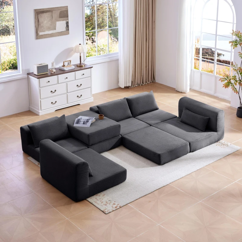 Snuggly Corduroy Sectional Sofa with 5 Pillows and Modular Design, Friendly Couch for Living Room and Bedroom, 100'' L x 35" W x 24" H, Grey