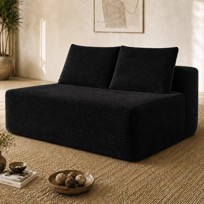 Hearty Corduroy Sectional Sofa with Double Chaise and Deep Seat, Stalwart Couch for Living Room and Apartment, 57'' L x 35" W x 24" H, Black
