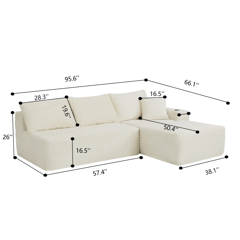Warm Corduroy Sectional Sofa with L-Shaped Chaise and Cup Holder, Sensible Couch for Living Room and Bedroom, 96'' L x 66" W x 33" H, Green