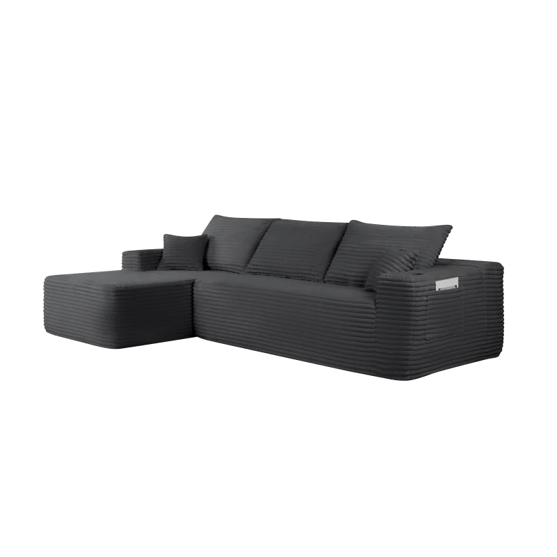 Cushioned Fabric Sofa with L-Shaped Chaise and Side Pockets, Practical Couch for Living Room and Bedroom, 108'' L x 63" W x 23" H, Grey Right