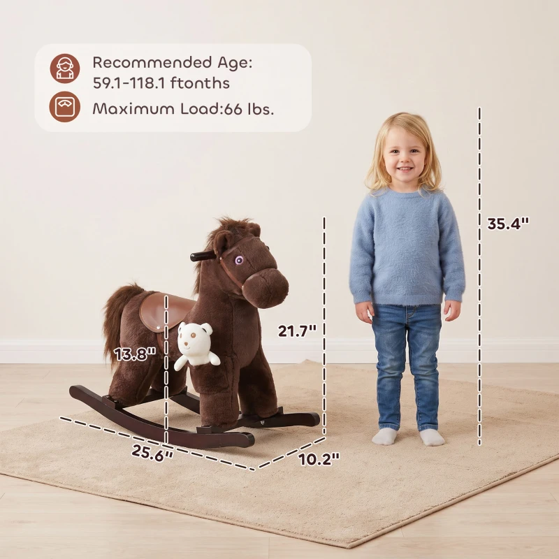 Qaba Kids Rocking Horse with Bear Toy, Plush Animal Rocker with Fun Realistic Sounds for Toddler 18-36 Months, Brown