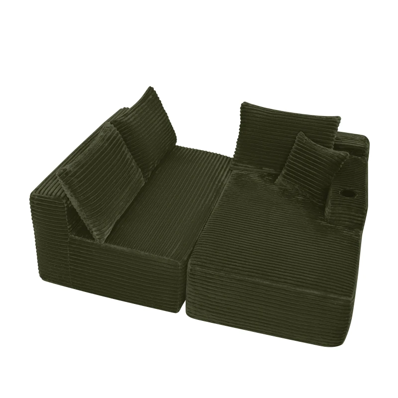 Warm Corduroy Sectional Sofa with L-Shaped Chaise and Cup Holder, Sensible Couch for Living Room and Bedroom, 96'' L x 66" W x 33" H, Green