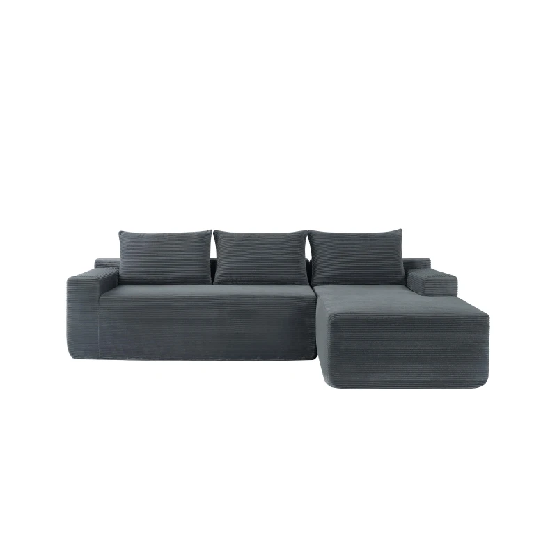 Plush Corduroy Sectional Sofa with L-Shaped Chaise and Deep Seat, Modern Couch for Living Room and Bedroom, 96.5'' L x 60" W x 31" H, Grey Right
