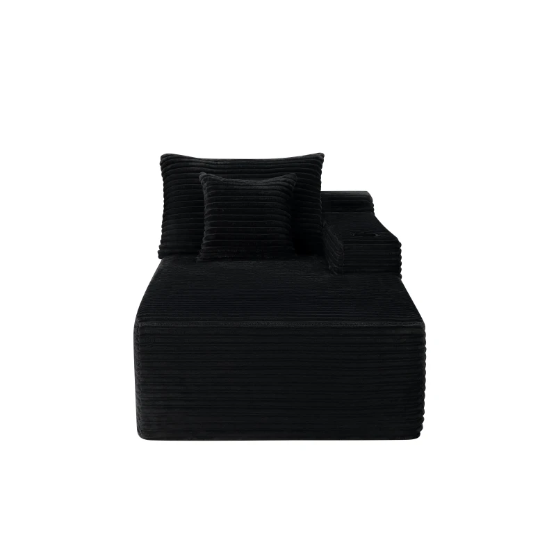 Chic Right Chaise with Plush Velvet and Cup Holder, Cozy Modular Sofa with Flexible Matching and No Assembly, 66'' L x 39" W x 33" H, Black