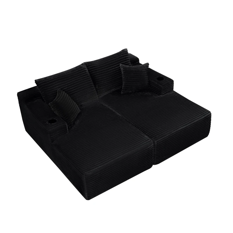 Fresh Fabric Sectional Sofa with Dual Chaise, Deep Seat and Cup Holder, Handy Couch for Living Room and Bedroom, 76'' L x 66" W x 26" H, Black