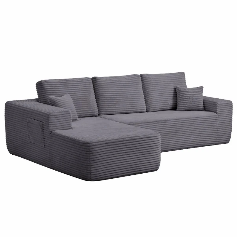 Luxe Fabric Sofa with L-Shaped Chaise and Side Pockets, Functional Couch for Living Room and Bedroom, 104'' L x 67" W x 32.5" H, Grey Left