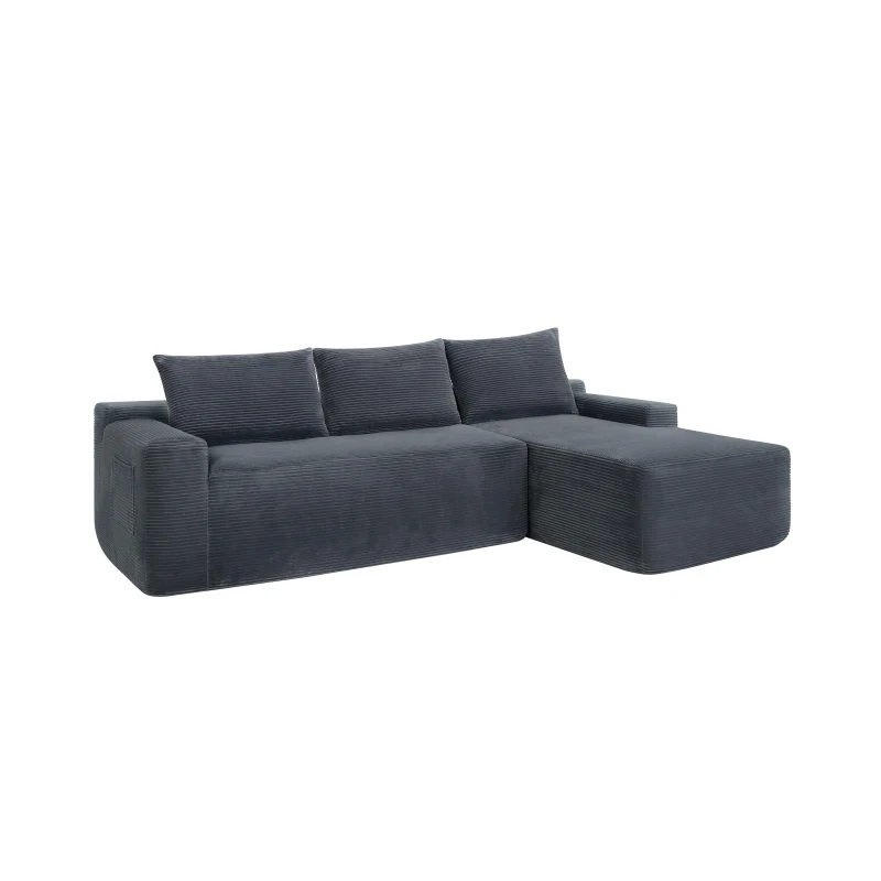Plush Corduroy Sectional Sofa with L-Shaped Chaise & Deep Seat, Modern Couch for Living Room & Bedroom, 96.5'' L x 60" W x 31" H, Grey Right