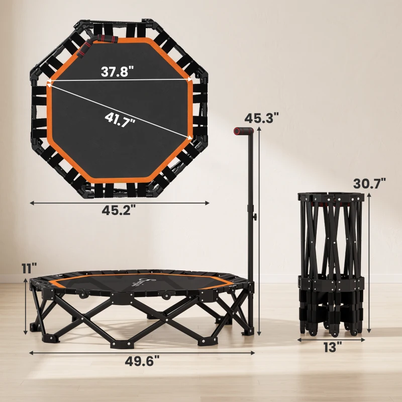 Soozier 50" Foldable Mini Trampoline for Adults, One-Step Fold & Open, 550LBS Capacity, 3-Level Adjustable Handle, Orange
