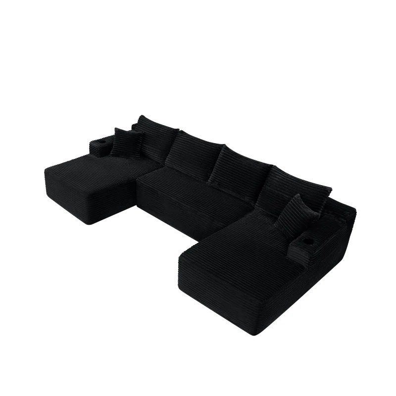 Modern Cloud Sectional with U-Shape Chaise and Cup Holder, Cozy Sofa with Side Pockets and No Assembly, 133.5'' L x 66" W x 26" H, Black