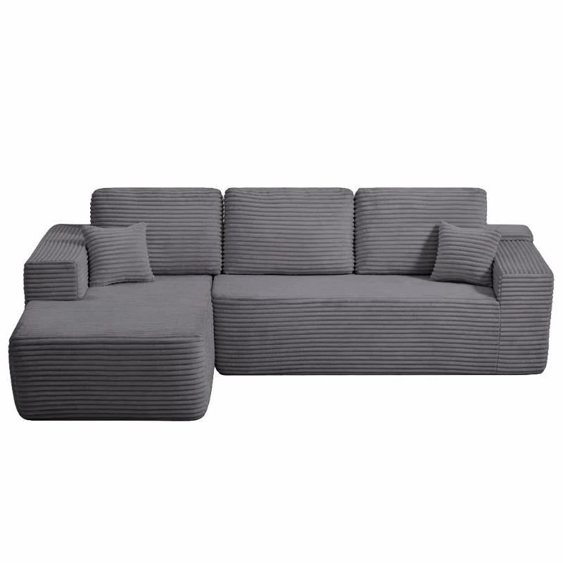 Luxe Fabric Sofa with L-Shaped Chaise and Side Pockets, Functional Couch for Living Room and Bedroom, 104'' L x 67" W x 32.5" H, Grey Left