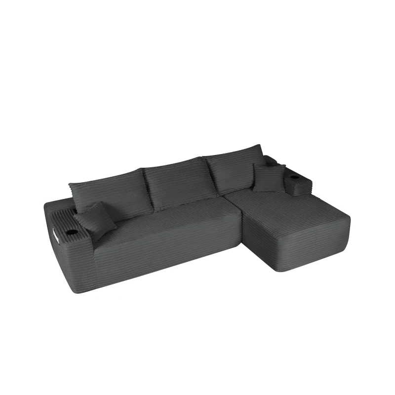 Cushioned Fabric Sofa with L-Shaped Chaise and Side Pockets, Practical Couch for Living Room and Bedroom, 108'' L x 63" W x 23" H, Grey Right