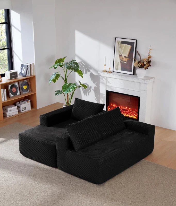 Corduroy Sectional Sofa with L-Shaped Chaise and Deep Seat, Modern Modular Couch for Living Room and Bedroom, 97'' L x 60" W x 31" H, Black