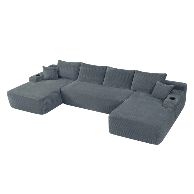 Grand Corduroy Sectional Sofa with U-Shaped Double Chaise and Pockets, Stylish Couch for Living Room and Bedroom, 126'' L x 66" W x 26" H, Grey