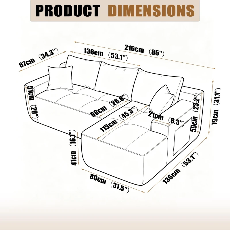 Modern Sectional with L-Shape Chaise and Deep Seat, Cozy Modular Sofa with Cotton-Linen Fabric and No Assembly, 85'' L x 53" W x 24" H, Blue