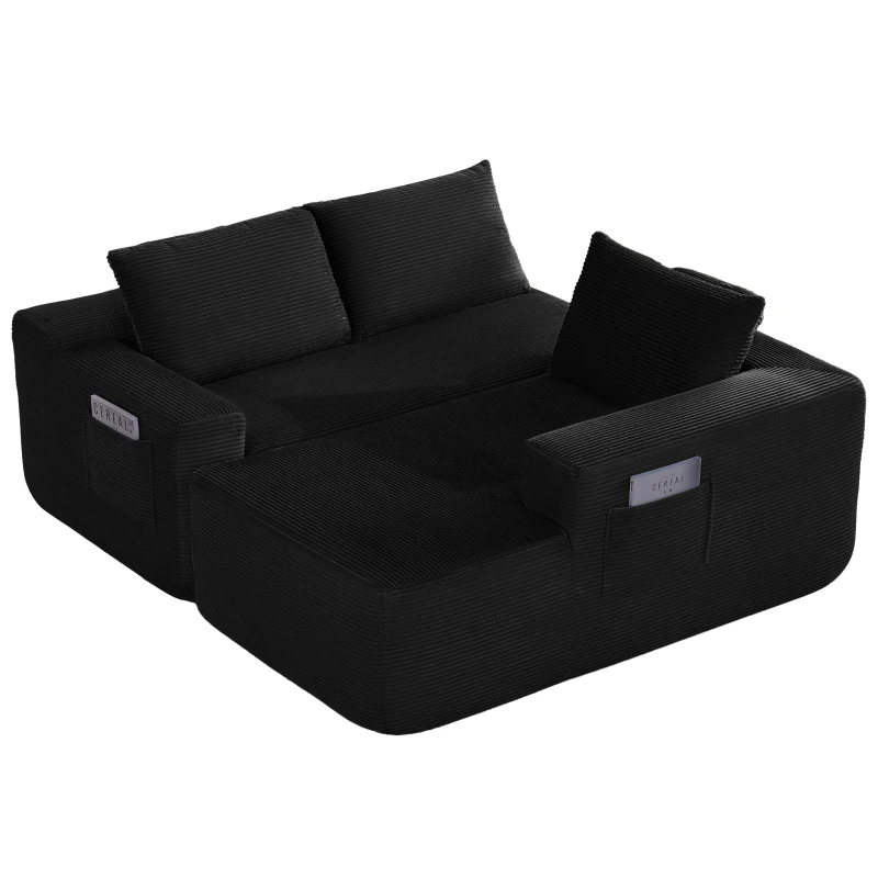 Tactile Corduroy Sofa with L-Shaped Chaise and Side Pockets, Rich Couch for Living Room and Bedroom, 104'' L x 67" W x 32.5" H, Black Right