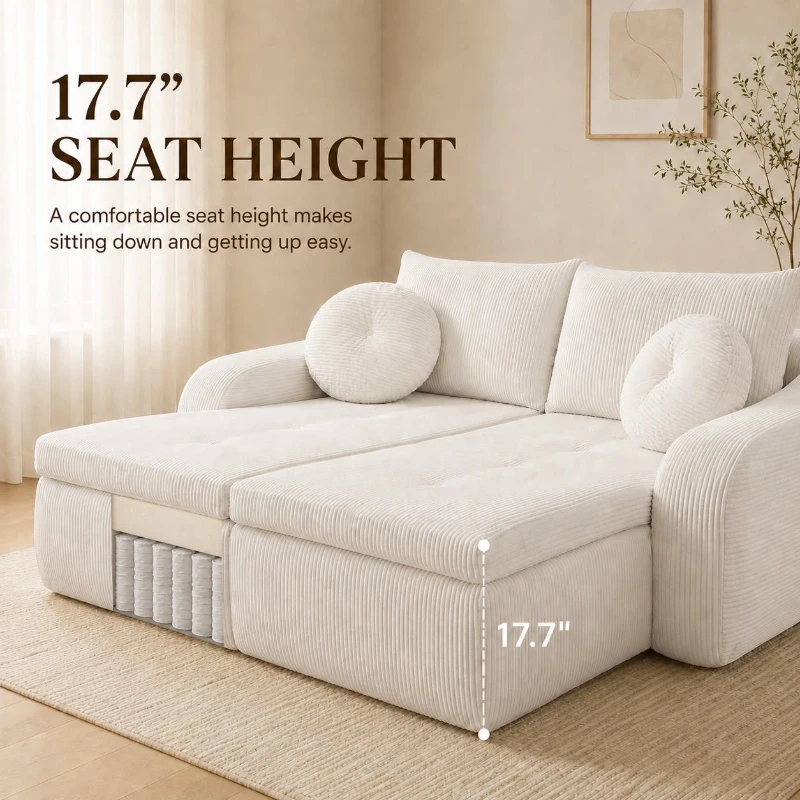 Cozy 2-Piece Chaise Lounge Set with Left and Right Design, Modern Corduroy Lounge Chair with Spring Padding, 66'' L x 76" W x 23" H, White