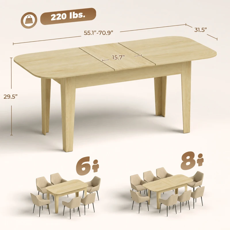 HOMCOM Extendable Oval Dining Table for 4-6, Farmhouse Expandable Kitchen Table, Round Edges, Oak