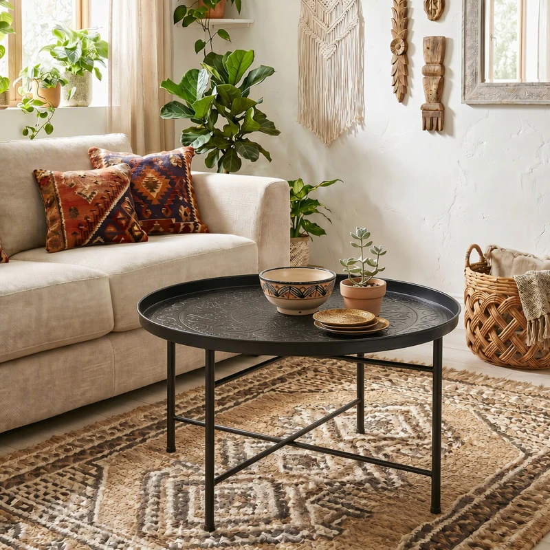 HOMCOM Coffee Table for Living Room, 24" Round Center Table with Hammered Tray Top and Metal Frame for Bedroom, Black